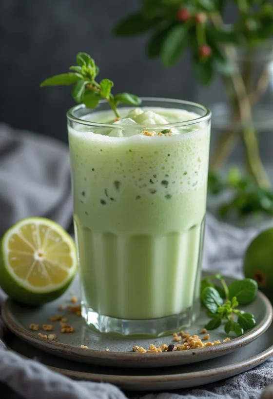 Мятный ласси в стакане, украшенный кубиками льда
