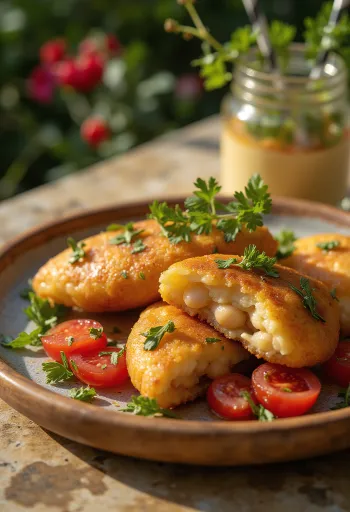 Акараже с соусом винегрет, украшенный свежей кинзой