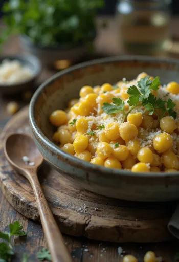 Эскитес с пармезаном, кукуруза со сливками, украшенная пармезаном и кориандром