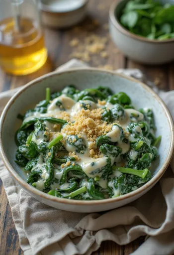 Кремовый сливочный шпинат, свежеприготовленный, поданный на белой тарелке.