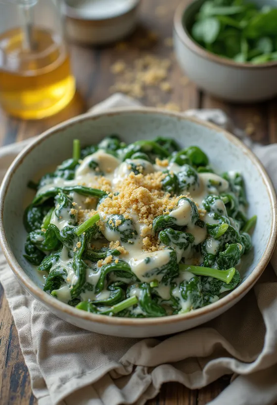 Кремовый сливочный шпинат, свежеприготовленный, поданный на белой тарелке.