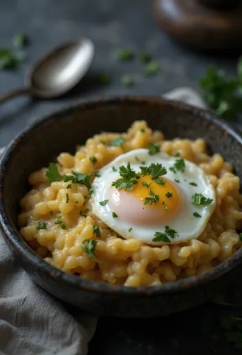 Асорда с яйцом пашот, украшенная свежим кориандром, политая лимонным соком