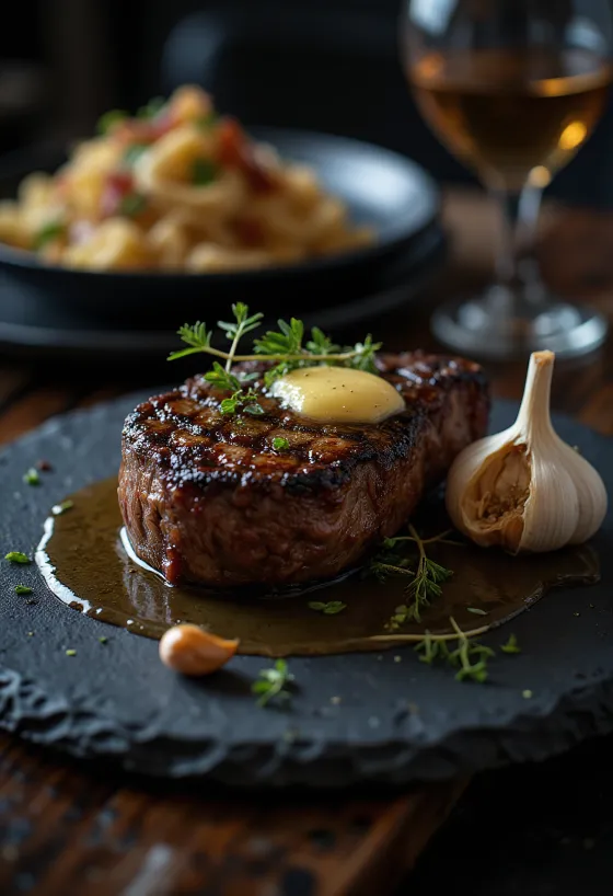 Стейк Рибай, обжаренный до золотисто-коричневого цвета, поданный со свежей зеленью и маслом