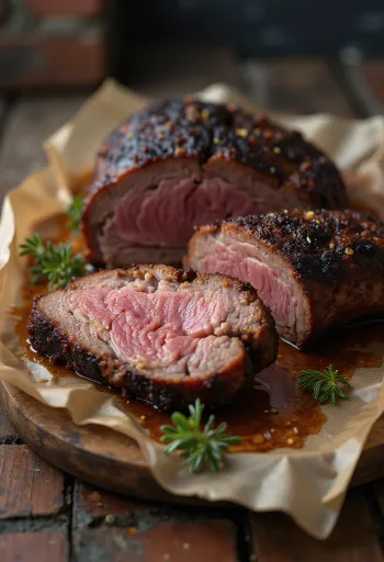 Копченая грудинка, нарезанная тонкими ломтиками, с соусом барбекю и гарниром