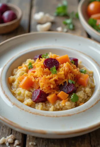 Асорда с овощами, в тарелке, украшенная петрушкой