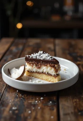 Торт «Баунти» украшенный шоколадной глазурью и кокосовой стружкой