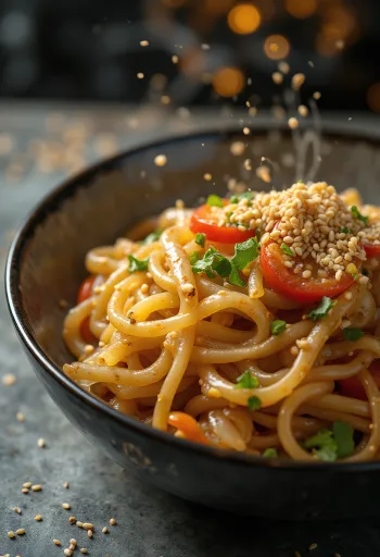 Чапчхэ с кунжутным маслом, поданное с бататовой лапшой и овощами