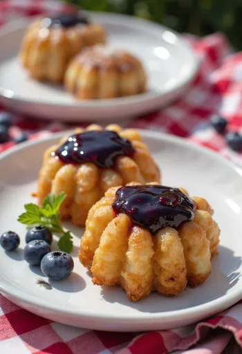 Лукумадес с черничным джемом, хрустящие пончики, политые темно-фиолетовым джемом, посыпанные сахарной пудрой