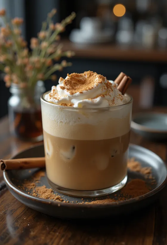 Кофейный напиток Корично-мятный фраппе, украшенный взбитыми сливками, палочкой корицы и листьями мяты