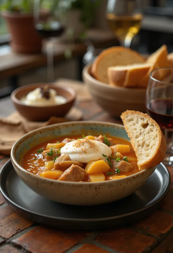 Традиционная секейская капуста с сочной свининой и квашеной капустой, поданная со сметаной.