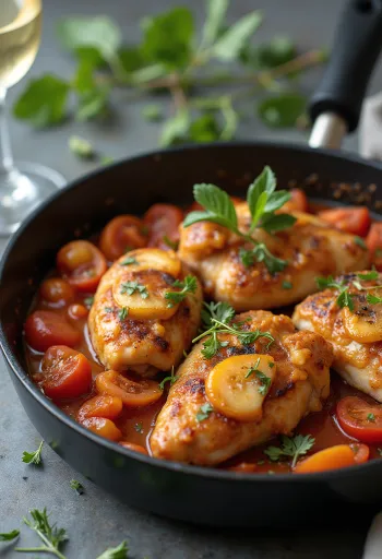 Курица Качатора с чесноком, поданная с томатным соусом и оливками