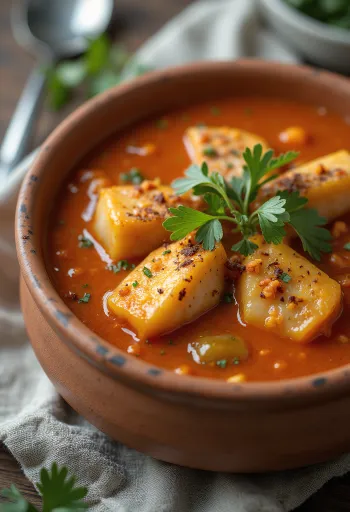 Мокека с пряным соусом, рыбой и кокосовым молоком