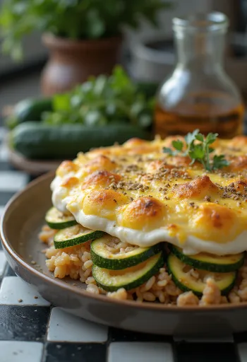 Запеканка из цукини с фаршем и сметаной, запеченная до золотистого цвета.