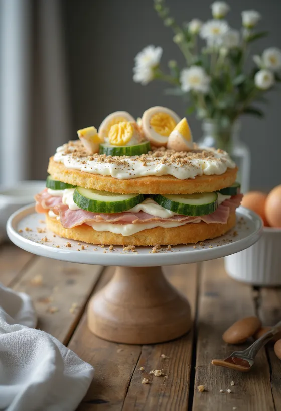 Сморгасторта с ветчиной и курицей, сервировка