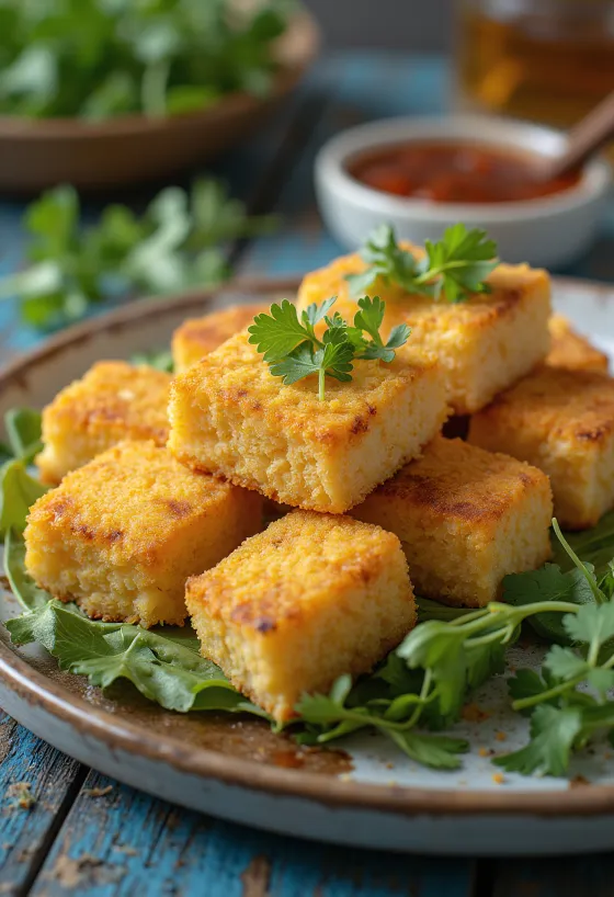 Жареный тофу в нутовой муке, хрустящие кусочки тофу, поданные со свежим кориандром
