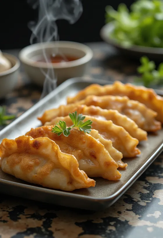 Хрустящие жареные гедза с курицей, поданные на тарелке