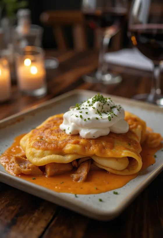 Мясные блинчики по-хортобадьски, поданные со сметаной и свежей петрушкой.