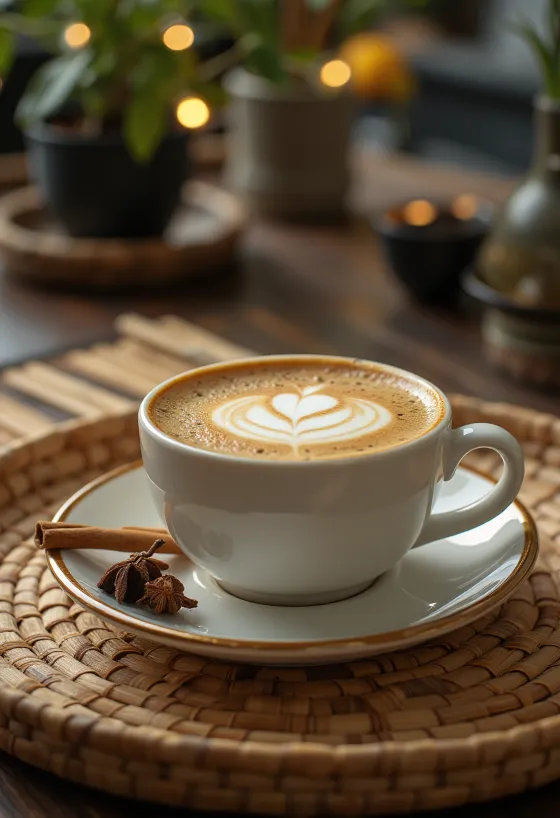 Кофейный напиток Латте с корицей и гвоздикой, украшенный палочкой корицы и взбитыми сливками