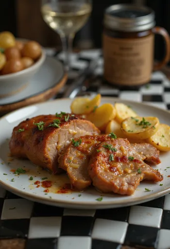 Свиная шея с чесноком, запеченная до хруста, поданная со свежей зеленью