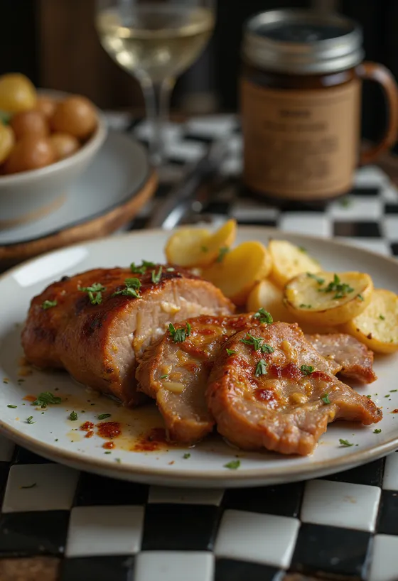 Свиная шея с чесноком, запеченная до хруста, поданная со свежей зеленью