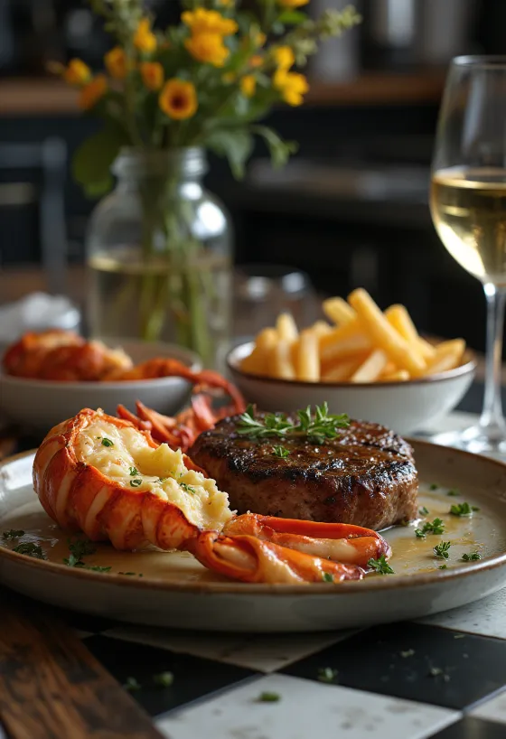 Лобстер и стейк на гриле, роскошное блюдо surf and turf