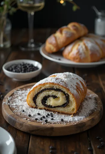 Штолен с маком и ванилью в нарезке, посыпанный сахарной пудрой