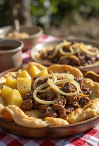 Бешбармак с пряностями, мясом и бульоном