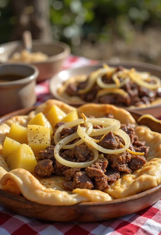 Бешбармак с пряностями, мясом и бульоном