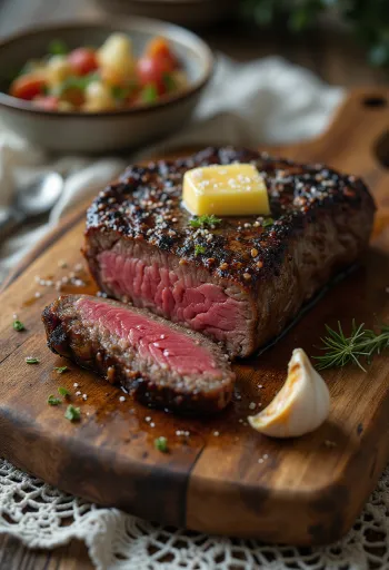 Стейк из куду, поданный с дольками лимона и овощами