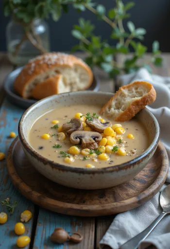 Грибной крем-суп с кукурузой при подаче