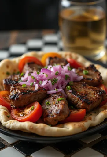 Кузу Шиш из ягненка с овощами гриль и лепешкой при подаче
