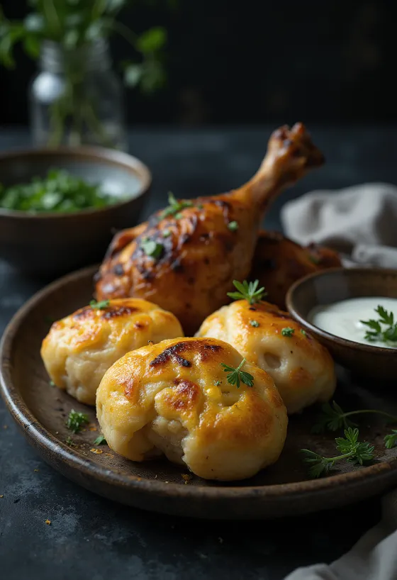 Литти с курицей в свежей пите, поданный с пряными куриными ножками