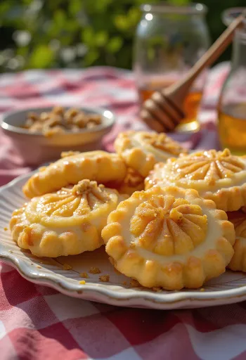 Меломакарона, пропитанная медовым сиропом, посыпанная молотыми орехами, сервировка