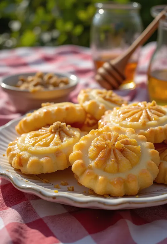 Меломакарона, пропитанная медовым сиропом, посыпанная молотыми орехами, сервировка