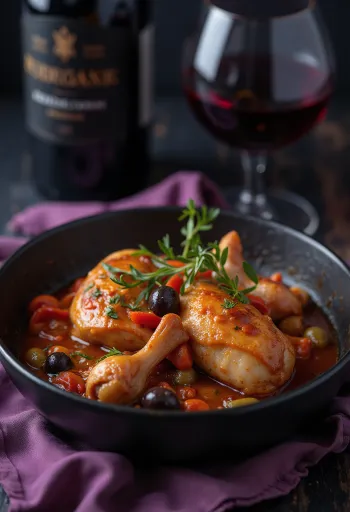 Классическая качатора с курицей, поданная в томатном соусе с перцем и оливками