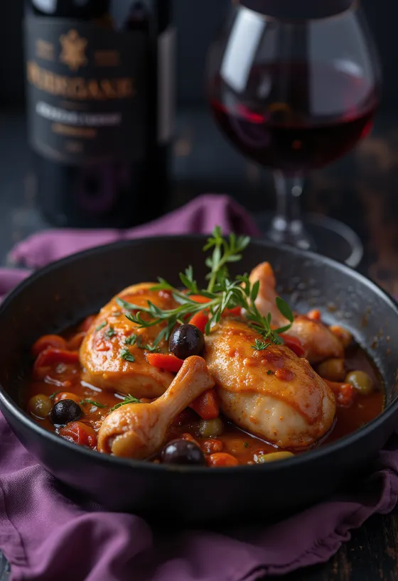 Классическая качатора с курицей, поданная в томатном соусе с перцем и оливками