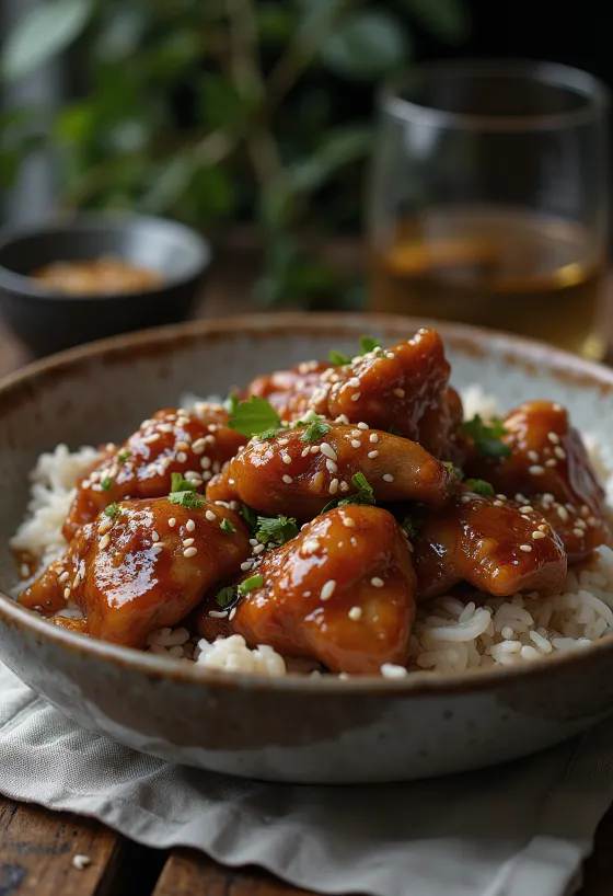 Курица в медовом соусе, обжаренная до золотистого цвета, посыпанная кунжутом и свежей зеленью