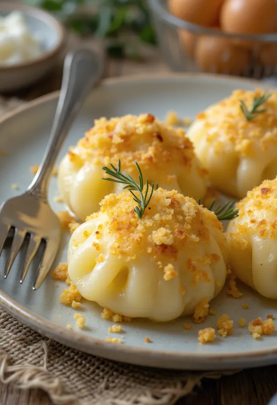 Немецкие картофельные кнедли с коричневым соусом при подаче