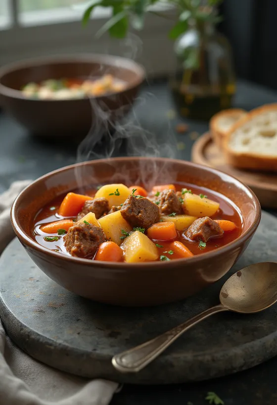 Традиционный суп-гуляш с богатыми кусочками мяса и овощами, приправленный красной паприкой.
