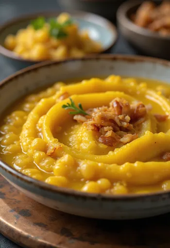 Пюре из желтого гороха со свежей петрушкой и хрустящим гарниром