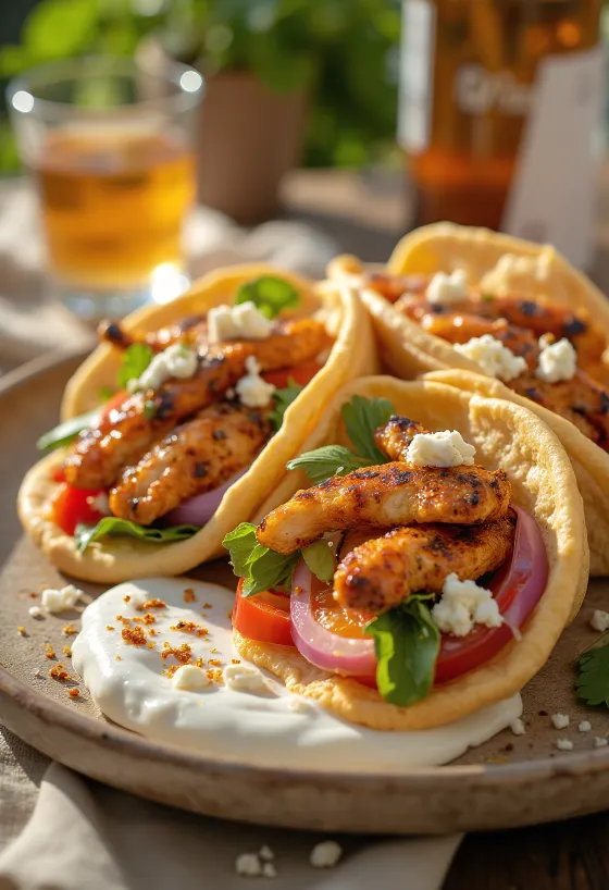 Острый гирос с жареной курицей, свежими овощами и пикантным соусом дзадзики