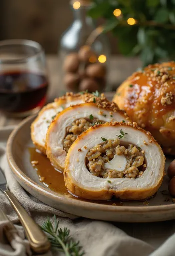 Сочные ломтики грудки индейки, фаршированные каштанами, поданные с овощами.