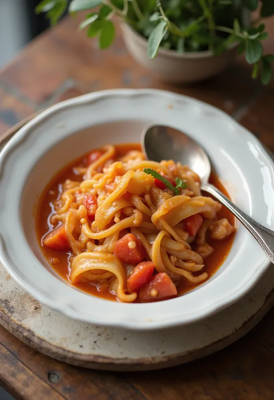 Капуста в томатном соусе с свежим укропом и сочными фрикадельками.