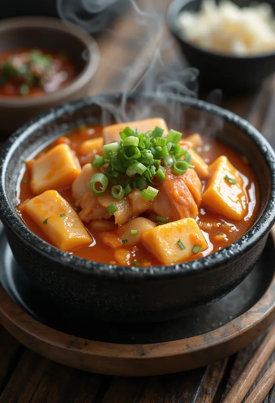 Кимчи чиге, поданное с тофу, овощами и кимчи, со свежим зеленым луком