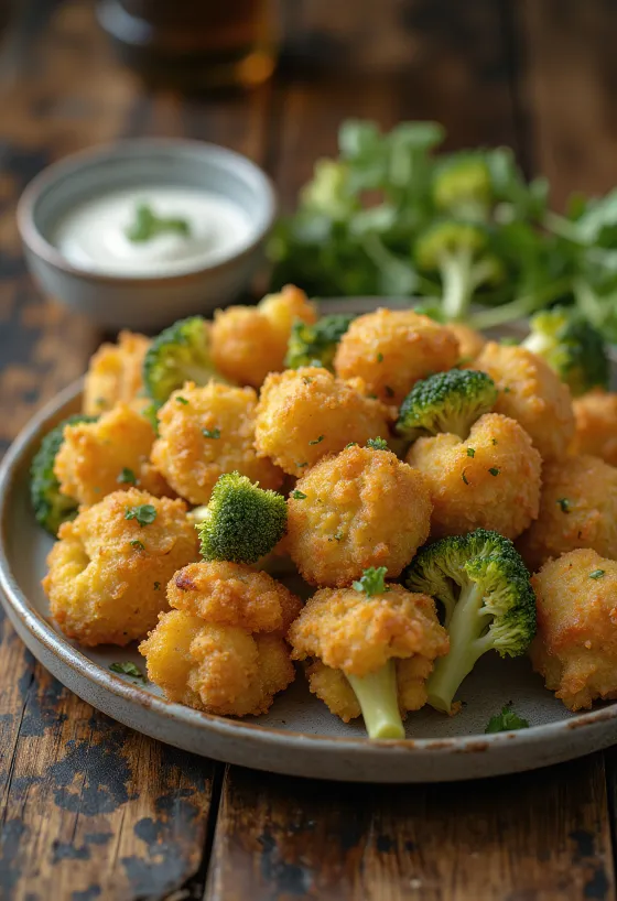 Хрустящая брокколи в панировке, обжаренная до золотистого цвета, поданная на тарелке с ломтиками свежего лимона.