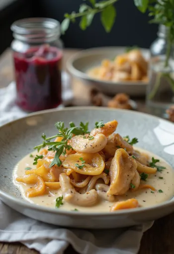 Ренскав с лисичками и луком, поданный со свежей петрушкой