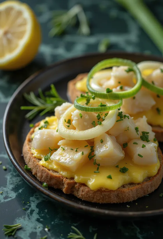 Сюрстрёмминг на сливочном тунбрёде с луком-пореем и свежей петрушкой