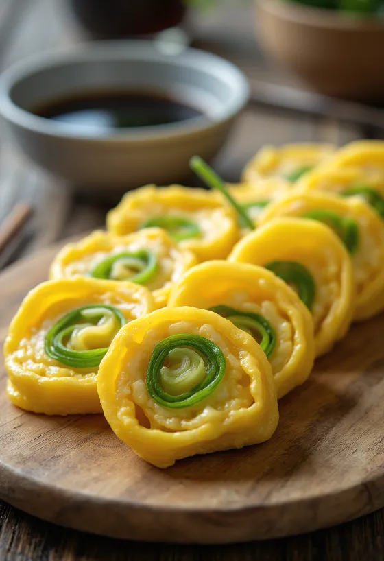 Тамагояки с зеленым луком, подается с соевым соусом и мирином