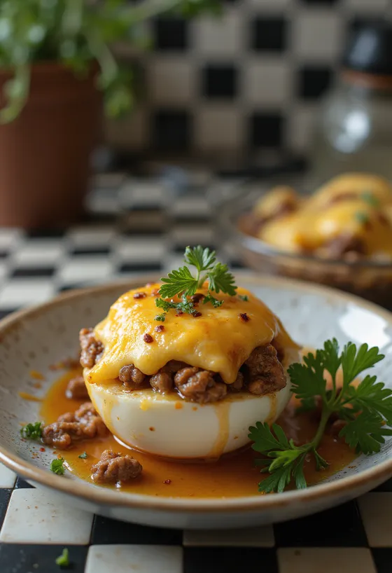 Фаршированные баклажаны с хрустящим сыром сверху, посыпанные свежей зеленью