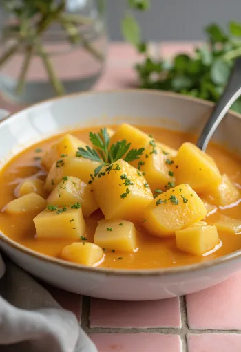 Классический картофельный фезелек со сметанной заправкой, украшенный свежей петрушкой.